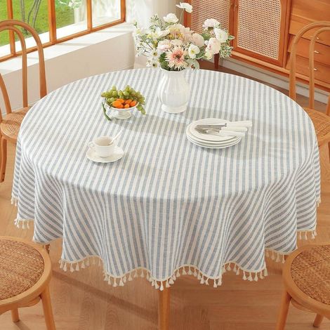 Nappe lavable aspect lin ronde 180 cm bleu pour fête, anniversaire, jardin