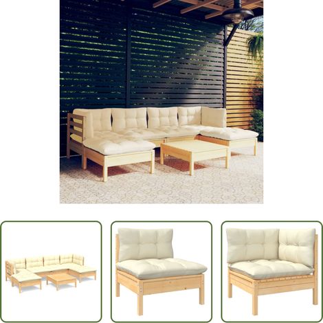 Holzgartenmöbel - 7-tlg. Garten-Lounge-Set mit Creme Kissen Kiefernholz (1/5)