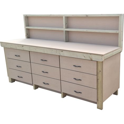Wooden MDF top workbench, tool cabinet with drawers (V.2) (H-90cm, D-70cm, L-240cm) with back