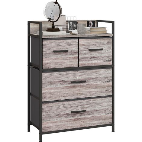 Commode pliante de style industriel en tissu, 4 tiroirs, étagère ouverte, structure en acier, idéale pour les petits espaces, grise