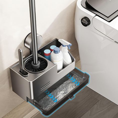 Juego de escobilla y soporte para inodoro, escobilla con ventosa y bandeja recolectora, estante de pared para cepillos de limpieza de baño. (1/5)