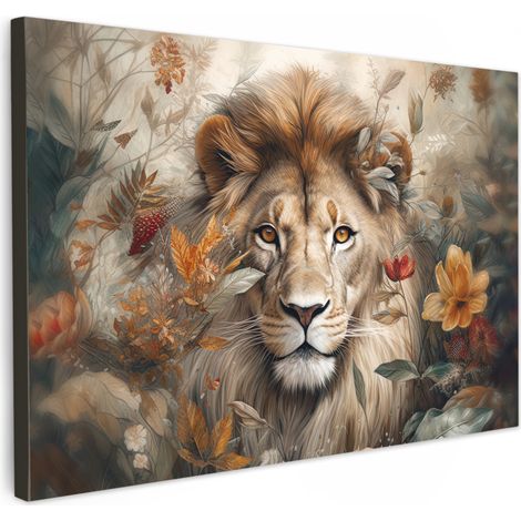 TABLEAU SUR TOILE Lion - Vie sauvage - Plantes - Nature - Fleurs Décoration Chambre 30x20 cm
