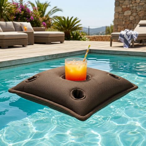 Soo Santaï Cuscino bar Pool Party, 75x75x25 cm, con 4 pozzetti per bicchieri e 1 pozzetto per bottiglie, resistente ai raggi UV, marrone, s