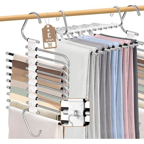Ensemble de 3 cintres pour pantalons - Cintres gain de place - Cintres métalliques pour pantalons - Organisateur pour jeans et serviettes - Porte-pantalons pour armoire - 9 niveaux (1/5)