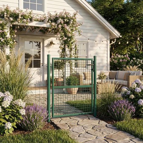 Portillon de Jardin Grillagé, en Acier Galvanisé, Clôture avec Serrure, Porte 106 x 100 cm (L x H), Tube Rond, Vert (1/5)
