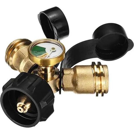 Adaptateur répartiteur de tuyau pour bouteille de propane avec manomètre, double vanne et connecteur en Y, compatible avec les brûleurs de barbecue et de chauffage.