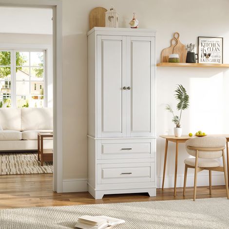 JOOKGBD-Armoire de cuisine et rangement haute blanche, 2 portes 2 tiroirs, étagère réglable, anti-basculement, convient aussi comme meuble de salle de bain et armoire de chambre (1/5)