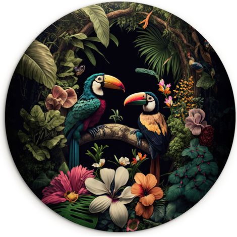 LE TABLEAU Oiseau - Fleurs - Plantes - Jungle - Noir - Toucan Decoration Murale Peinture 120x120 cm (1/5)