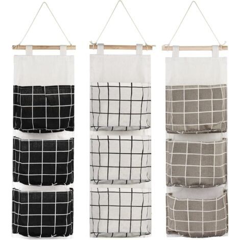 3Pcs Sac de Rangement Suspendu avec 3 Poches(Noir/Gris/Blanc), Étagère Mural en Tissu Panier Pochette de Rangement Organisateur pour Chambre Salle de Bain Cuisine - Étanche & Élégant (1/5)