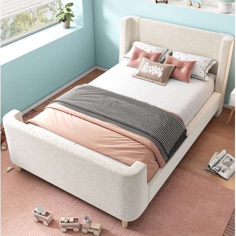 Cama infantil trineo 90x200 cm en terciopelo beige con cabecero acolchado y somier de láminas (1/5)