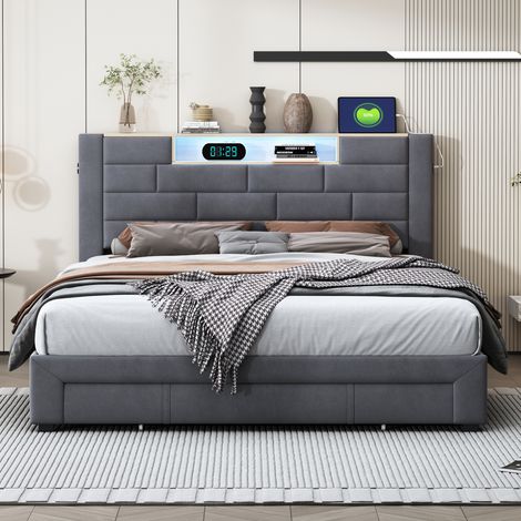 JOOKGBD-Polsterbett 140x200 cm,Doppelbett mit 3 Schubladen und Lattenrost,LED Kopfteil mit stauraum und USB-Ladefunktion,Bett, Funktionsbett,Stauraumbetten,Jugendbett,Samt,Ohne Matratze,Grau