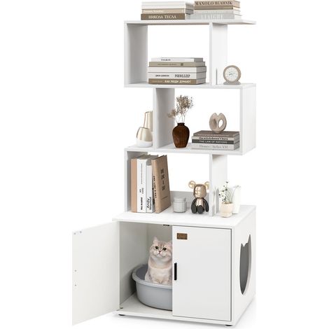 Meuble litière pour chat cache-litière avec rangement étagères 3 aérations entrée latérale meuble haut blanc (1/5)