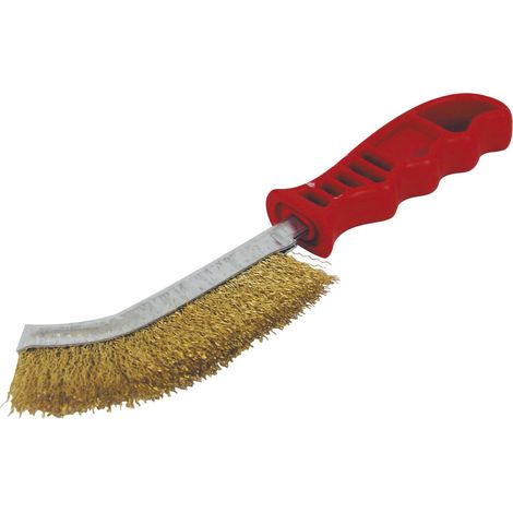 Taliaplast – Brosse métallique convexe acier laitonné pour nettoyage surfaces robustes – Manche plastique rouge – 361110