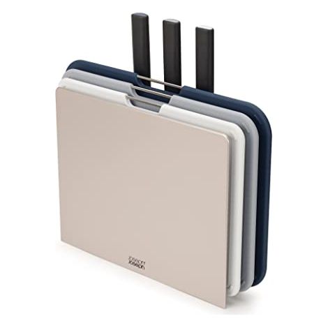 Joseph Joseph Nest Set di coltelli e taglieri da 6 pezzi, coltelli da cucina in acciaio inossidabile e taglieri con codice colore in un supporto compatto, grigio (1/4)