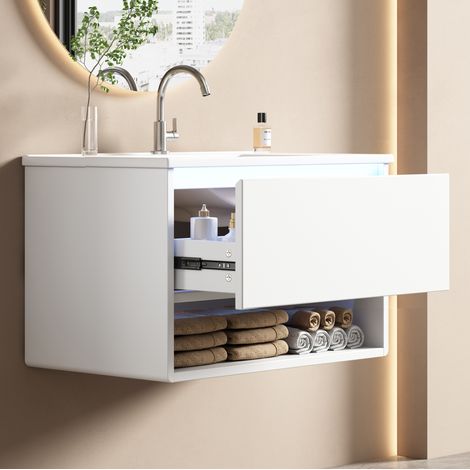 Meuble vasque suspendu moderne blanc en MDF laqué avec vasque céramique, 1 tiroir, niche ouverte et LED à détecteur (1/5)