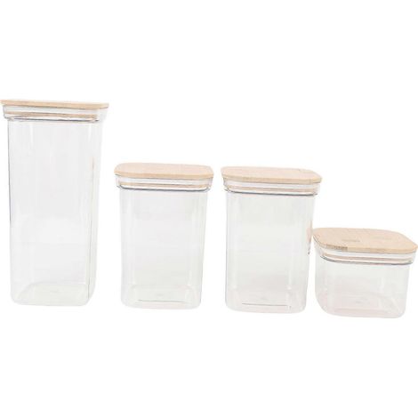 Boîtes de Conservation Alimentaire en Plastique, Couvercles en Bambou, Récipients Hermétiques Carrés Transparents pour Céréales, Fruits Secs et Thé, Lot de 4 (1/5)
