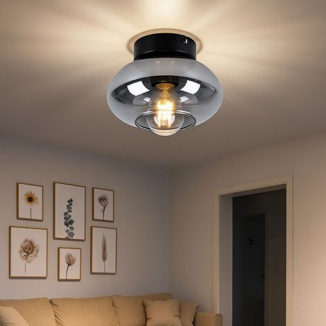 Lampe de plafond en verre fumé Lampe de plafond en verre fumé Vintage, design rétro salon, métal noir, 1x LED 7W 806Lm blanc chaud, DxH 18x13 cm