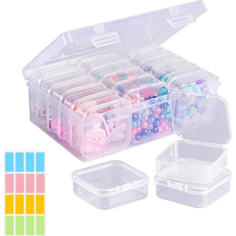 Scatola portaoggetti in plastica (17,4×12,4×5,8 cm) con 15 piccoli scomparti trasparenti (5,3×5,3×0,8 cm), per riporre piccoli oggetti, perline, gioielli, con 2 etichette adesive. (1/5)