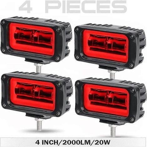 Phare de travail LED 4 pouces avec lentille 8D et halo, antibrouillard, pour quad, UTV, moto, voiture, camion, bateau, blanc/rouge, 12 V/24 V, 4 pièces, halo rouge (1/5)