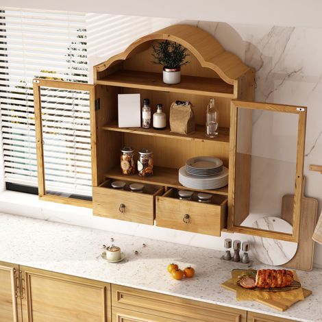 Armario de cocina mural retro con puertas de cristal, 60 x 22 x 76,5 cm, natural DESVIAE (1/5)