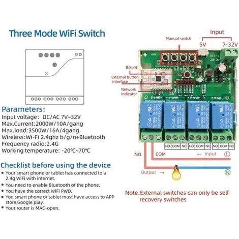 Interruttore intelligente a 4 canali Crezuo con Wi-Fi, Bluetooth e modulo relè a contatto pulito, 7-32 V e controllo remoto tramite app.-Crezuo