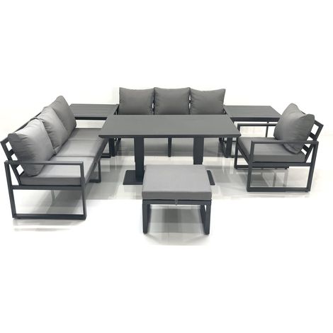Fimous Outdoor Garden Furniture Set Aluminium Lounge Sofa Adjustable Rising Lifting Dining Table Sets with Big Footstool 2 Side Tables Dark Grey (1/5)