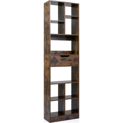Bücherregal aus Holz mit 10 Regalböden und 1 Schublade, 50 x 24 x 180 cm