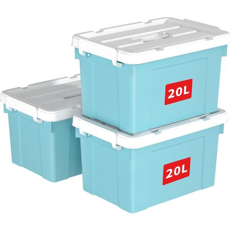 Boîte de Rangement, Bac de rangement avec Poignée, Plastique Organisateur avec Couvercle, Empilable, Transportable, pour Vêtements, Bureau, Chambre, Dortoirs, Bleu, 20L - Lot de 3 (1/5)