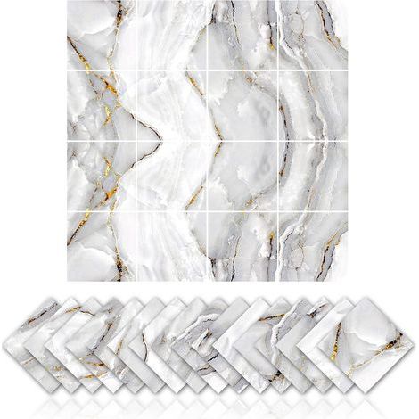 16 Marmorfliesen-Aufkleber für Küche und Bad, ölbeständig, wasserdichtes PVC, dekorative Fliesenimitation mit Marmordesign (15x15 cm) (1/5)
