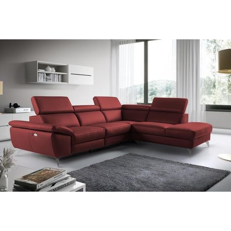 Canapé d'angle relax en 100% tout cuir épais de luxe italien avec relax électrique, 5/6 places KASTER, rouge bordeaux, angle droit (1/5)