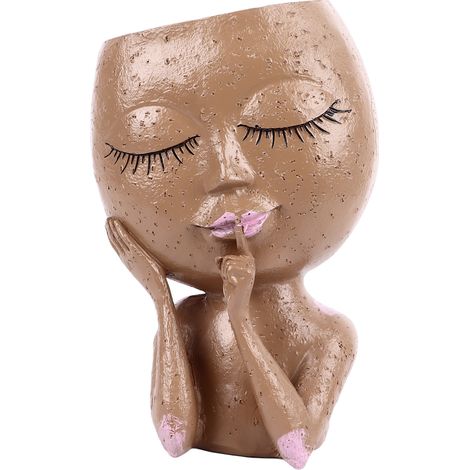Pot de fleur tête de fille en résine marron décoratif intérieur extérieur avec trou de drainage pour plantes succulentes (1/5)