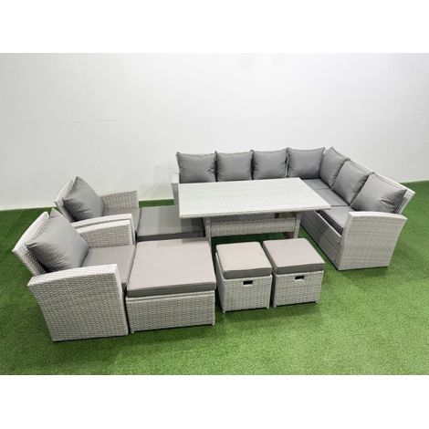 Fimous Rattan Garden Furniture Set Outdoor 12 Seater Patio Dining Corner Sofa Sets with Dining Table Chair 4 Footstools Light Grey Mixed (1/4)