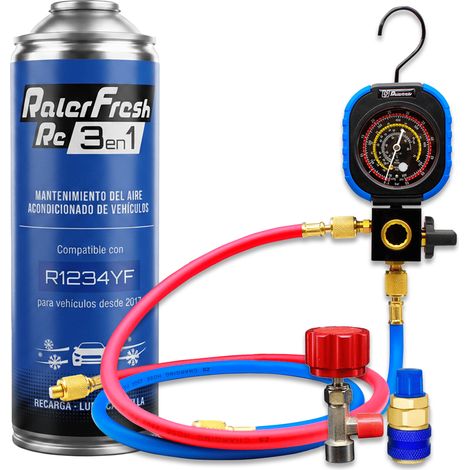 Pack Gas Refrigerante Ralerfresh RC R1234YF 3en1 500ml con Manómetro RF31, llave y conector