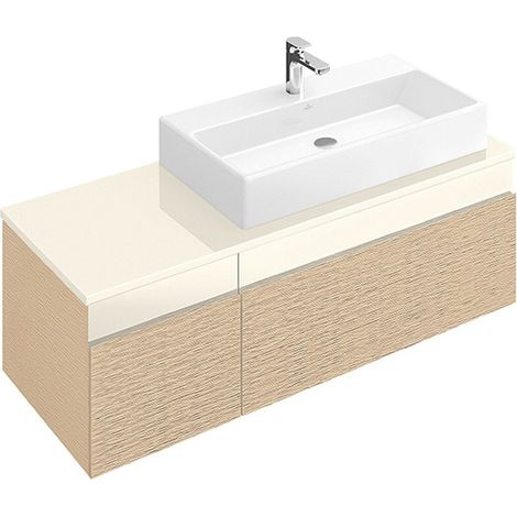 Memento, Mobile lavabo, 1306 x 425 x 535 mm, modello sospeso, In legno, lavabo a destra Rovere Chiaro / Panna Vetro