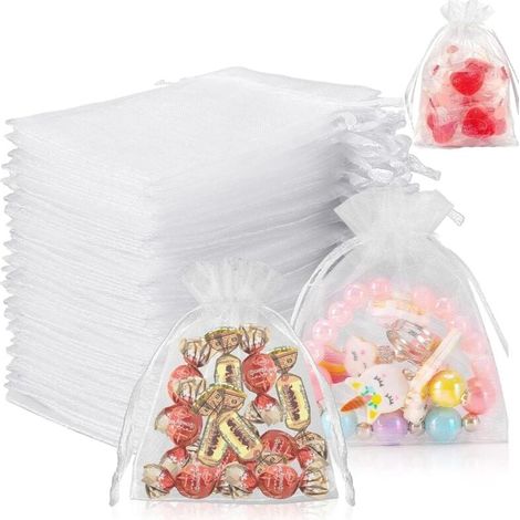 Lot de 60 petits sachets en organza à remplir - 7 x 9 cm - Pour cadeau de mariage - Blanc (1/4)