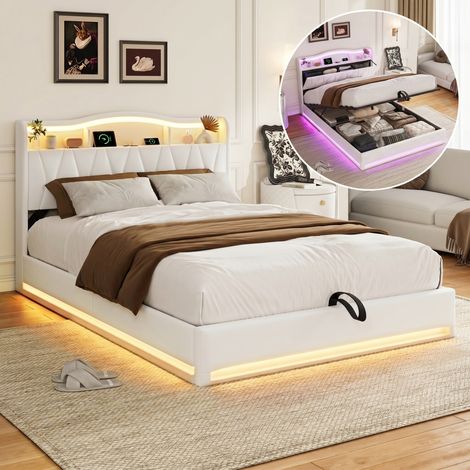 Cama 160 x 200 cm - Cama con cajones 160 x 200 cm - Cama para adultos con LED y 4 cajones - Cabecero con espacio de almacenamiento y puertos USB - Beige