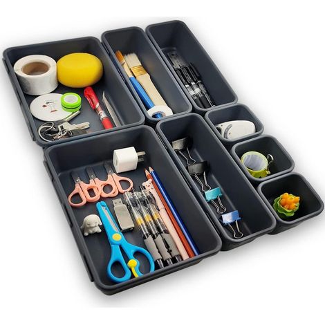 TuseRxln Organisateur de placard - Paniers de rangement - Conception modulaire empilable en PP transparent - 8 pièces - Pour salle de bain, chambre à coucher et bureau Noir (1/5)
