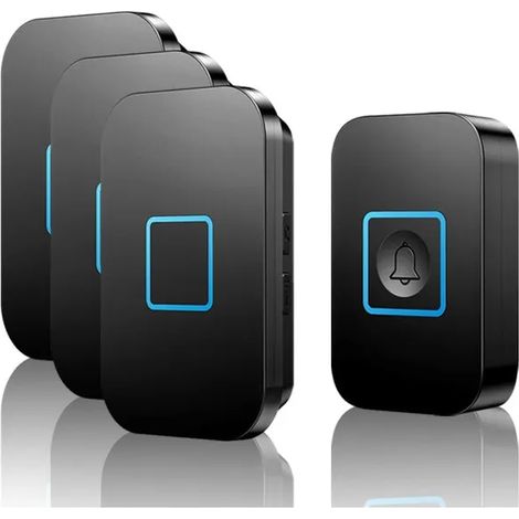 Sonnette sans fil étanche IP55, 3 récepteurs à brancher, 400 m de portée, 60 sonneries, volume réglable sur 5 niveaux, installation rapide sans fil, noir. (1/4)