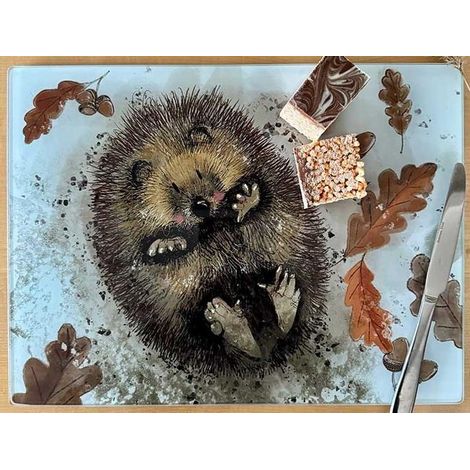 Dekorative Glasplatte mit einem Igel auf der Rückseite