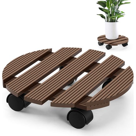 Wolketon Soporte para Plantas WPC Redondo 30 cm, Marrón, Ruedas para Macetas, Carro para Plantas, Capacidad 80 kg (1/5)