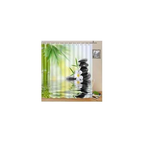 120x180cm Eau Spa Rideau de Douche Vert Bambou Feuilles Orchidée Fleur Zen Méditation Basalte Pierres Floral pour Salle de Bains Polyester avec Crochets (1/5)