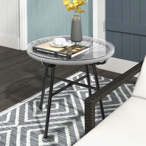 Table d’appoint en rotin table bistro,table basse avec table en verre,ronde,pour terrasse,balcon,noir+gris,50x50x50cm