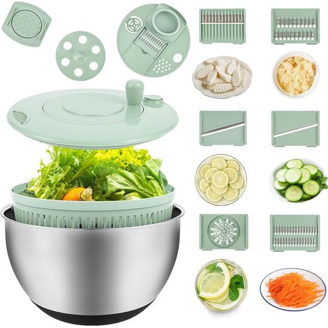 Essoreuse à salade 5-en-1 : essore, lave, déchiquette, presse et sépare les œufs. 5 lames, base antidérapante. (1/5)