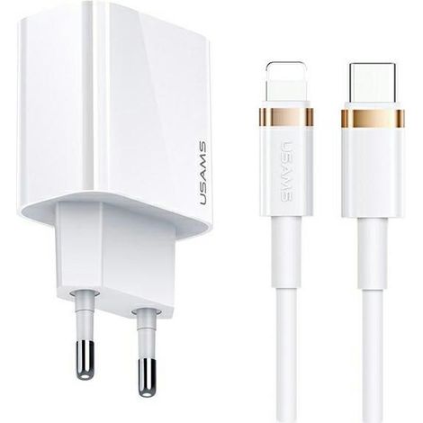 20-W-USAMS-Power-Delivery-USB-C-Wandladegerät, weiß + 20-W-USB-C-auf-Lightning-Kabel, weiß