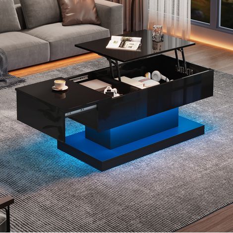 Mesa baja elevable 100x50x45 cm con iluminación LED, compartimento de almacenamiento, en aglomerado, negro (1/5)