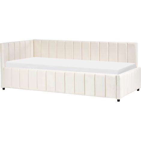 Cama elegante 90 x 200 cm tapicería de terciopelo acolchado somier de listones patas de madera blanco crema Lisieux