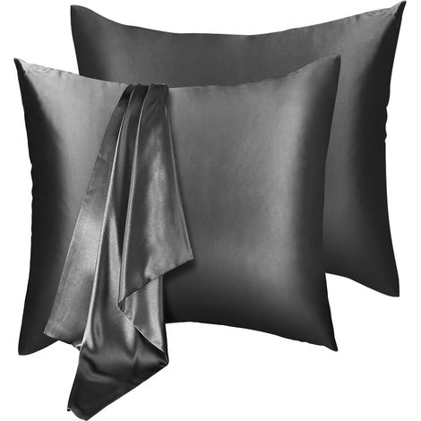 Taie Oreiller Satin 65x65 Lot de 2, Taie d'oreiller à la Sensation Soyeuse, Enveloppe de Mode taie d’Oreiller Lavable (Noir) (1/5)