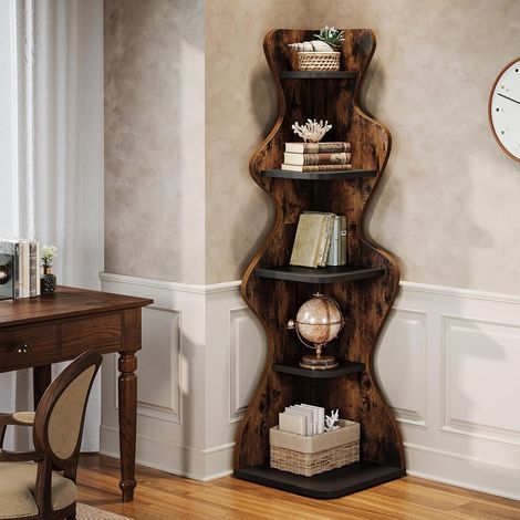 Tribesigns – Étagère d'angle 5 niveaux 175 cm en bois MDF – Carrée autoportante pour petits espaces – Marron rustique et noir – Idéale pour rangement salon, chambre, cuisine (1/5)