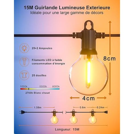 Outdoor String Lights, 15 m LED Outdoor String Lights with 25 + 2 G40 Plastic Bulbs, IP65 Waterproof for Garden, Patio, Party, Wedding, Pergola, Bistro – Warm White (1/4)
