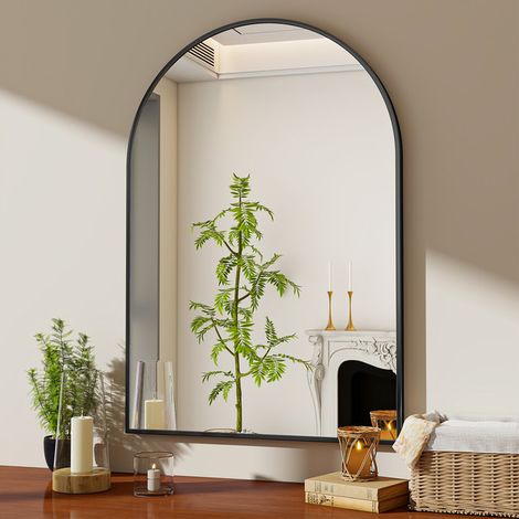 Koonmi miroir mural à angle droit arqué - 55 x 95 cm - Noir - À suspendre - Cadre en alliage d'aluminium